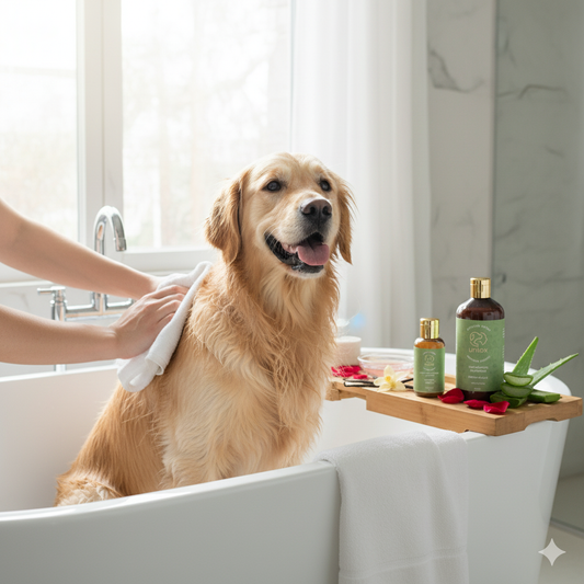 Golden retriever being bathed with Untox Gloss and Glow Grooming Duo shampoo and serum