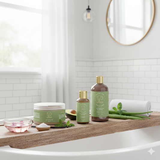 Untox Ultimate Bundle products on a bathroom shelf - Detangling Talc, Nourishing Shampoo and Coat Shine Serum